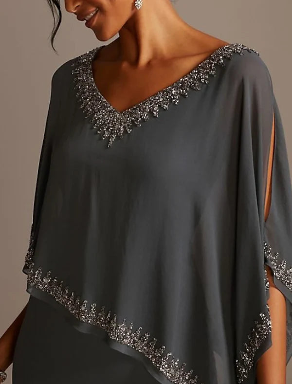 Sheath Mother of the Bride Dress Cape Dress Wedding Guest Elegant V Neck Floor Length Chiffon Half Sleeve with Beading Charcoal Grey