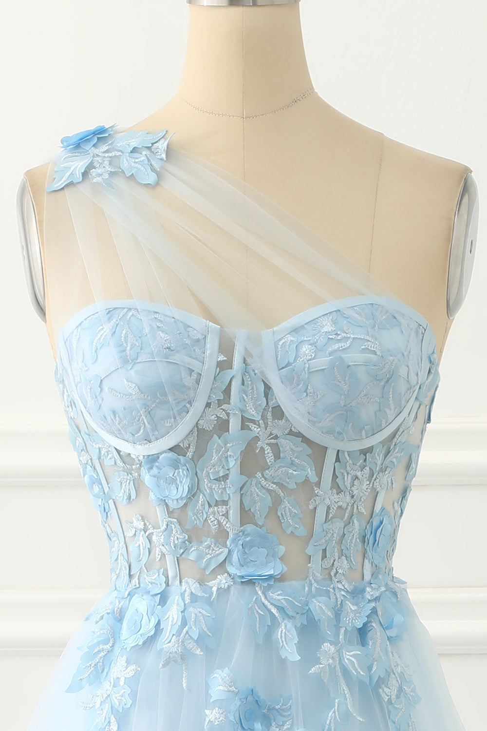 Sky Blue Tulle A-Line One Shoulder Prom Dress With Appliques Beautiful