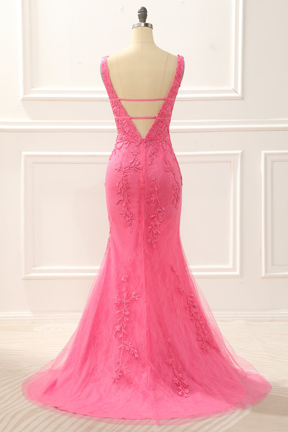 Hot Pink Tulle Mermaid Prom Dress With Appliques Floor Length Beautiful