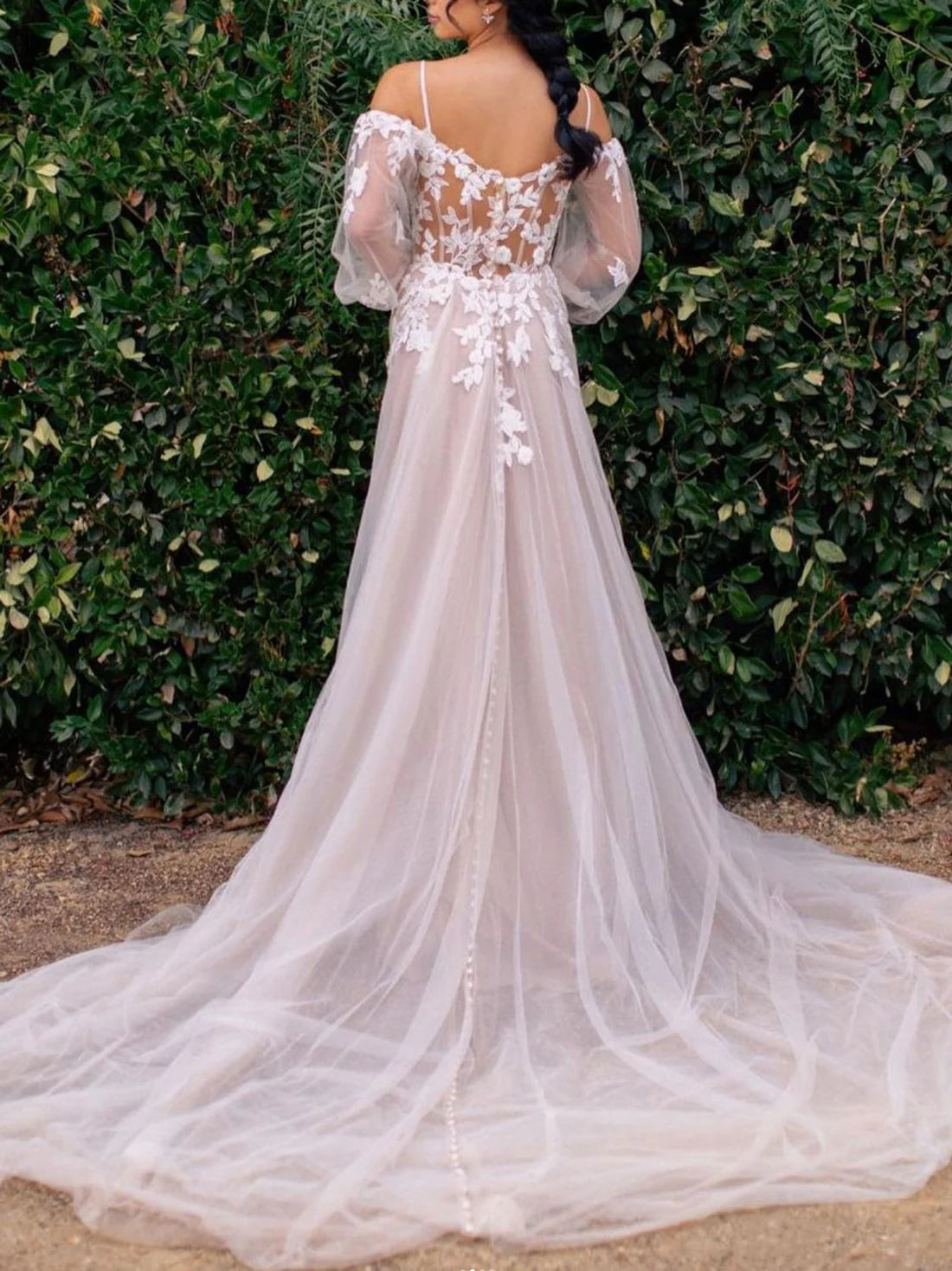 Elegant A Line Long Sleeves Tulle Lace Prom Dress Evening Dress Romantic Wedding Dresses with Appliques