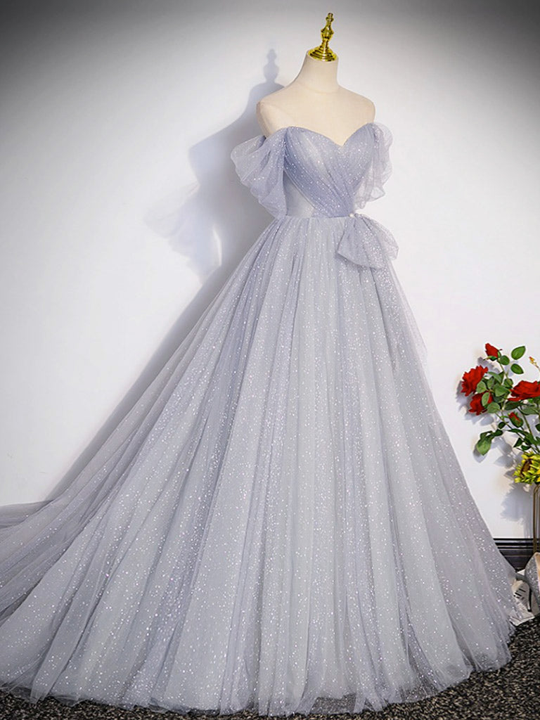 A-Line Off Shoulder Tulle Long Gray Prom Dress Formal Dresses Sparkly Evening Dress