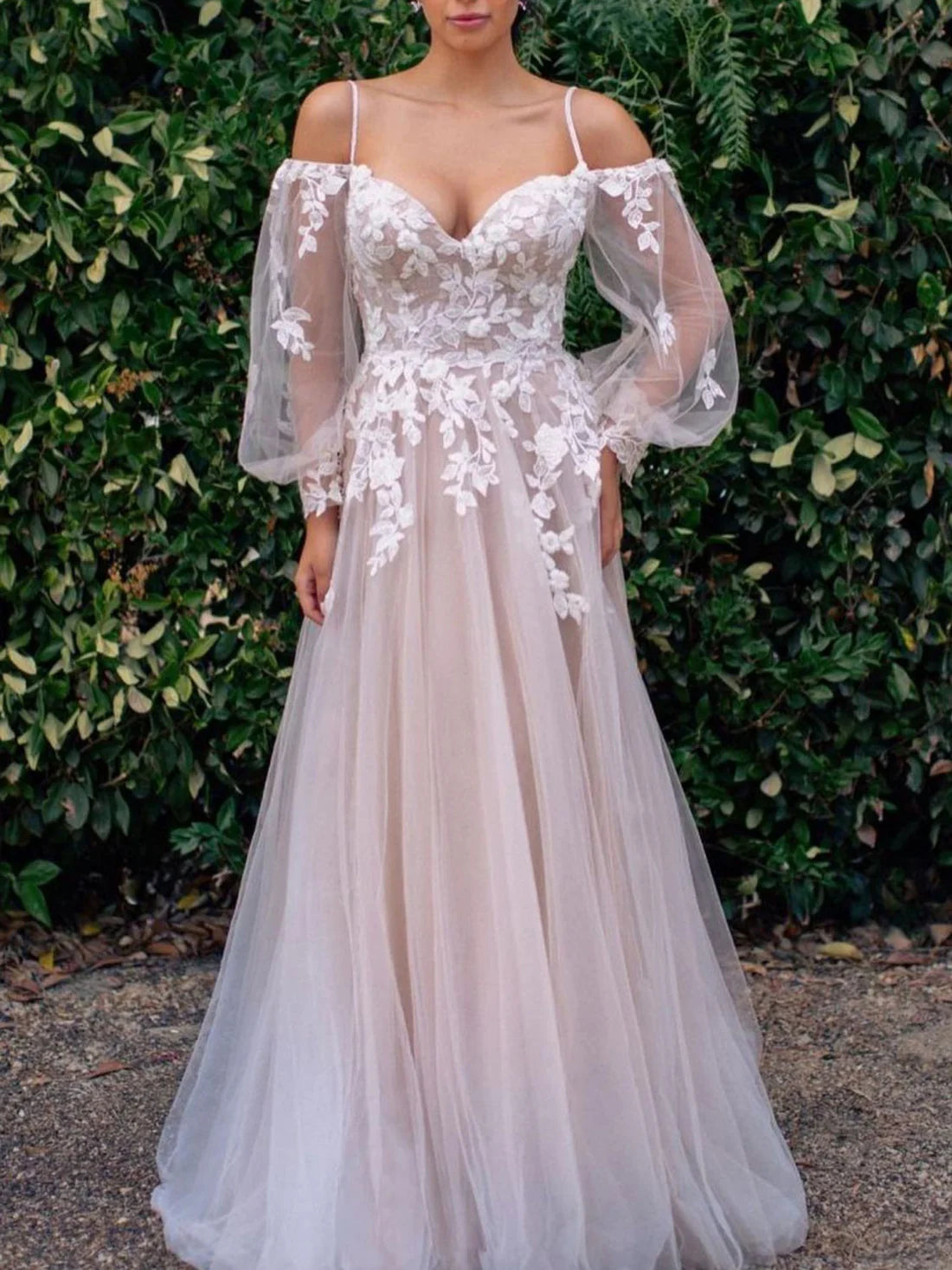 Elegant A Line Long Sleeves Tulle Lace Prom Dress Evening Dress Romantic Wedding Dresses with Appliques