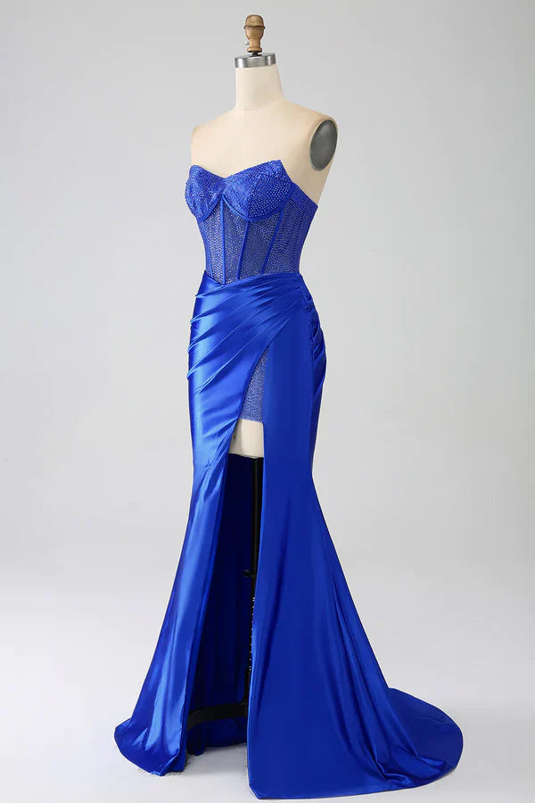 Mermaid Strapless Royal Blue Corset Prom Dress with Beading Sexy Evening Dress