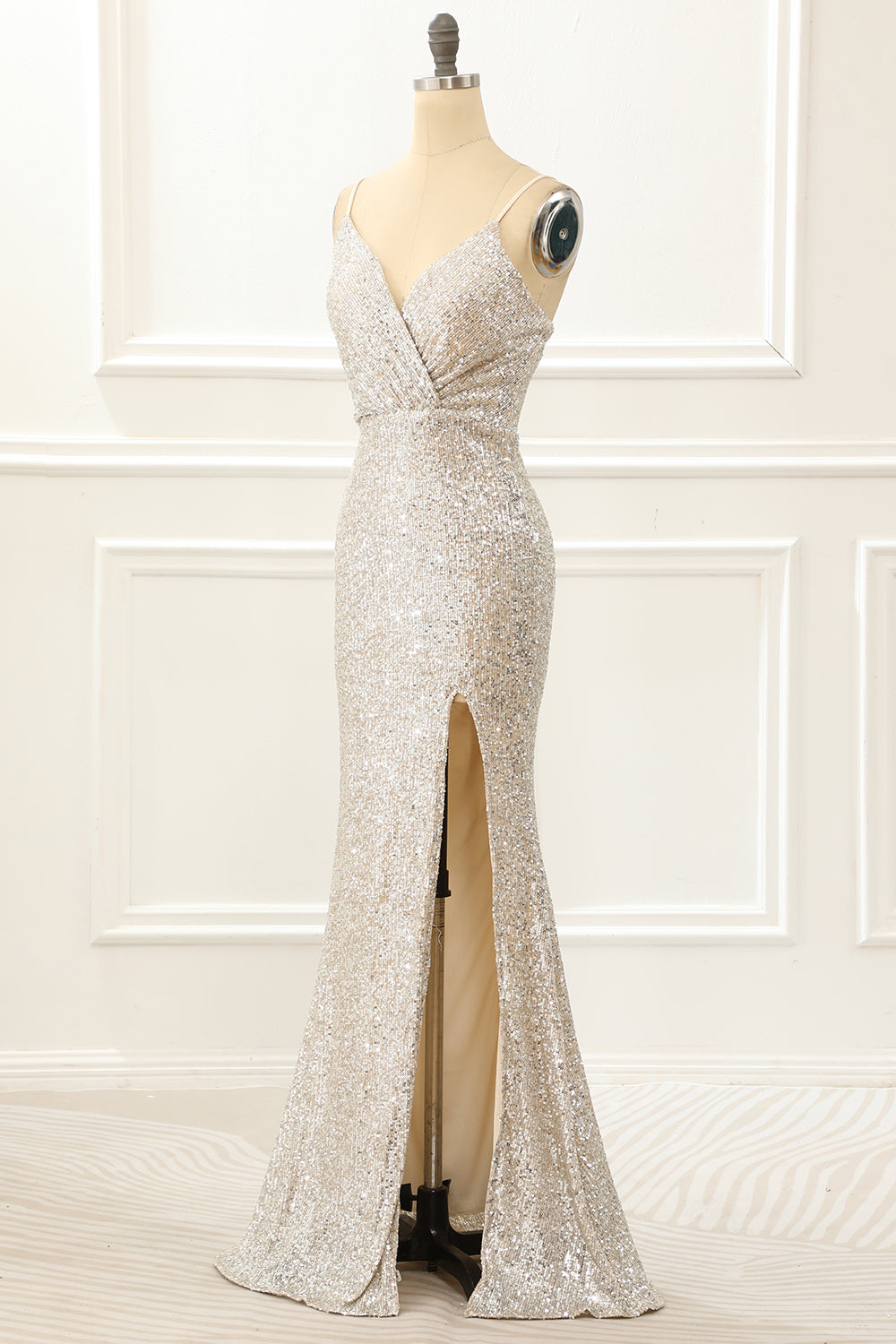 Champagne Mermaid Sequin Prom Dress With Slit V-neck Sexy Sparkly