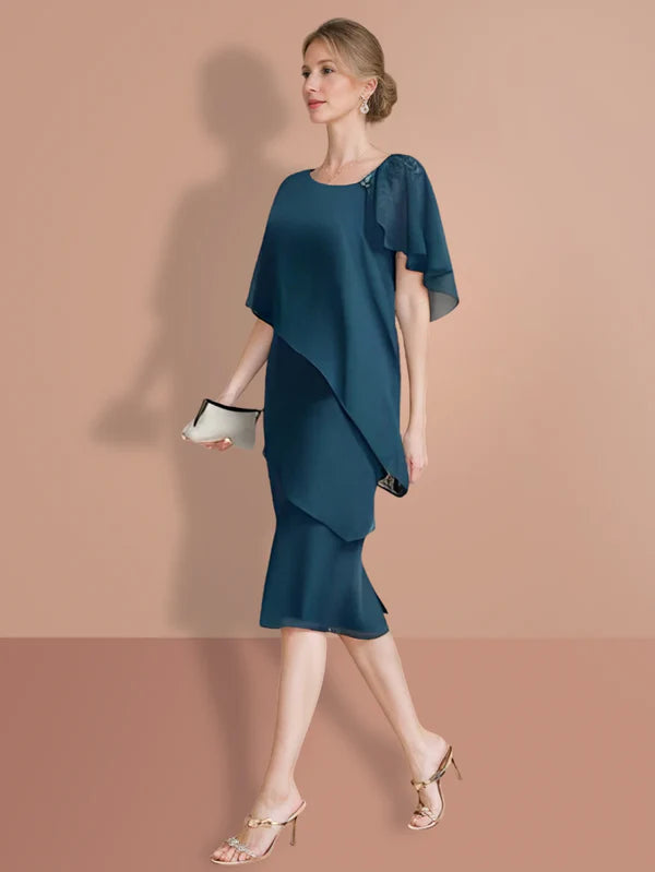 Tight fitting/cylindrical knee length short sleeved mother of the bride dresses Solid Color