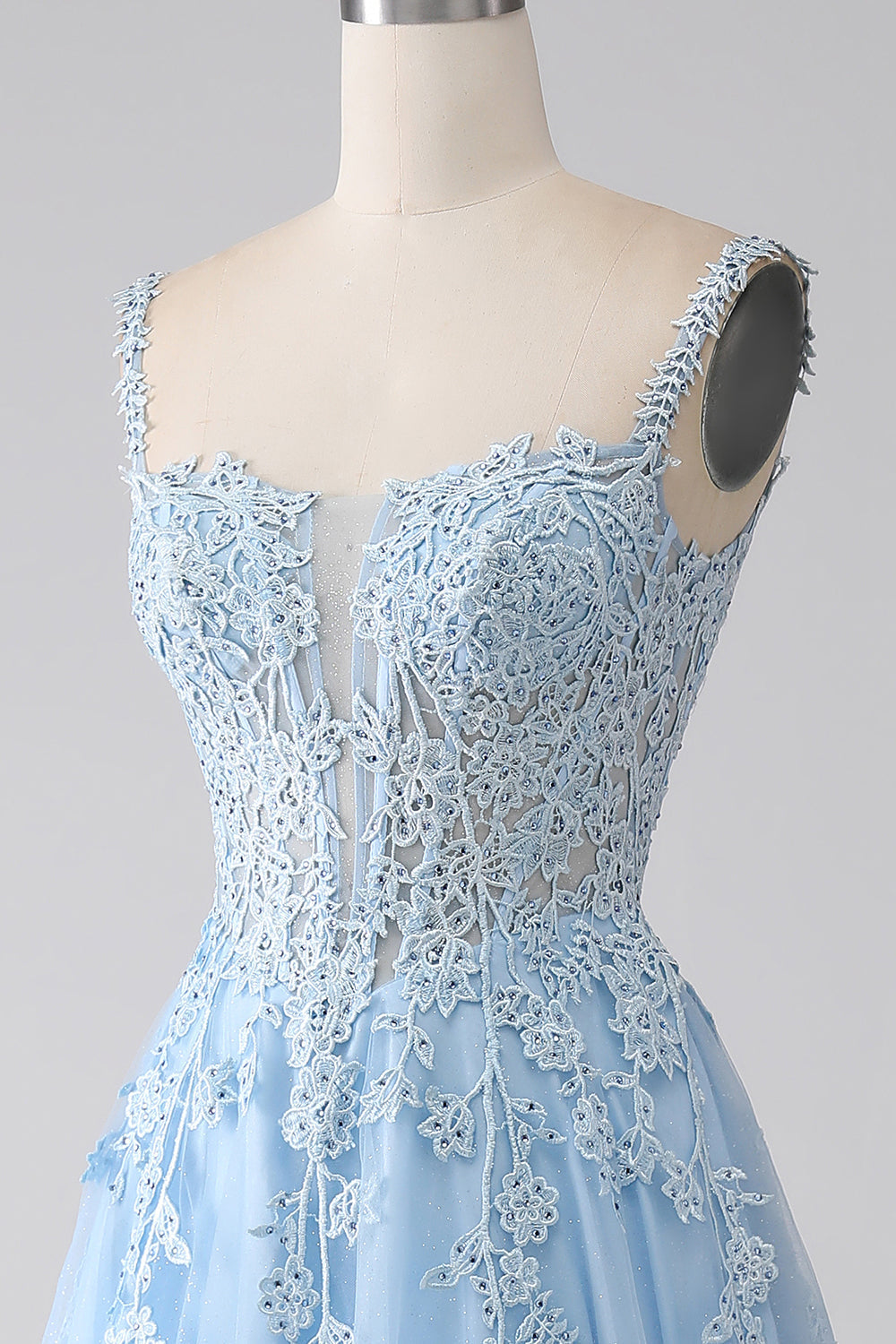 A-Line Light Blue Corset Prom Dress with Appliques Floor Length Beautiful
