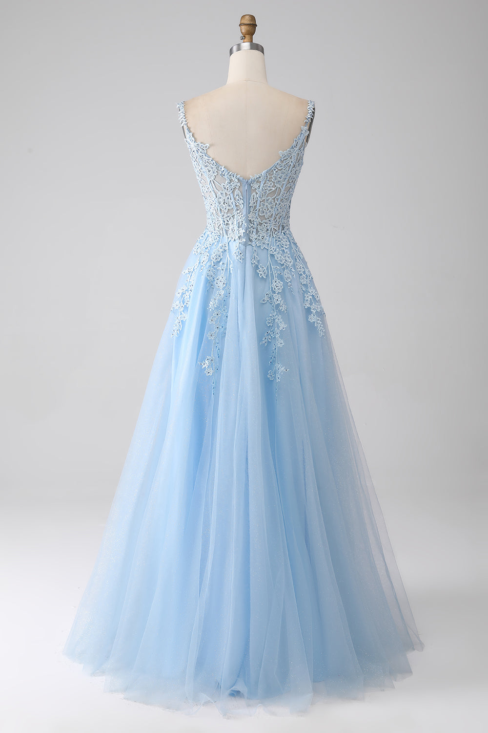 A-Line Light Blue Corset Prom Dress with Appliques Floor Length Beautiful