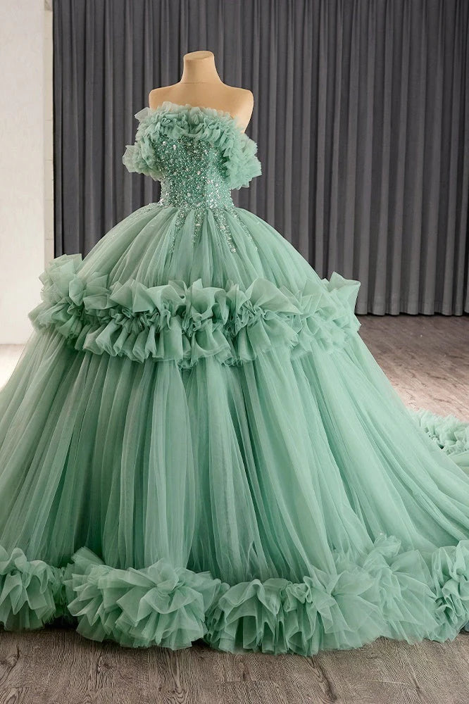 Elegant Green Off The Shoulder Evening Dress Ball Gown Beaded Prom Dress Charming Quinceanera Dress