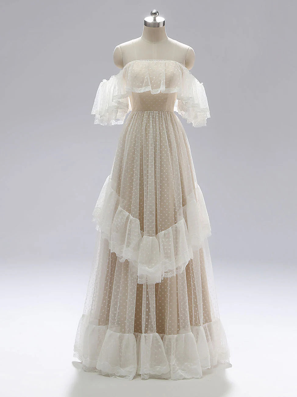 Champagne A line lace long prom dress bridesmaid dress Off Shoulder Formal Dress