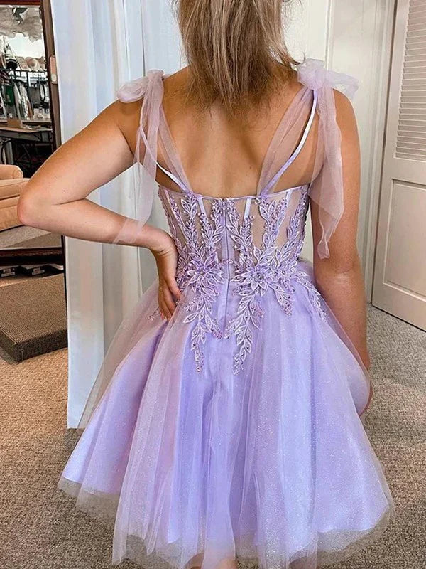A-line Princess Tulle Applique Sweetheart Sleeveless Tight Bra Short/Mini Dress Homecoming Dress Beautiful