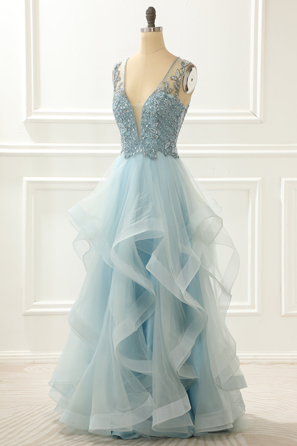 A Line Light Blue Beading Prom Dress With Appliques V-neck Beautiful