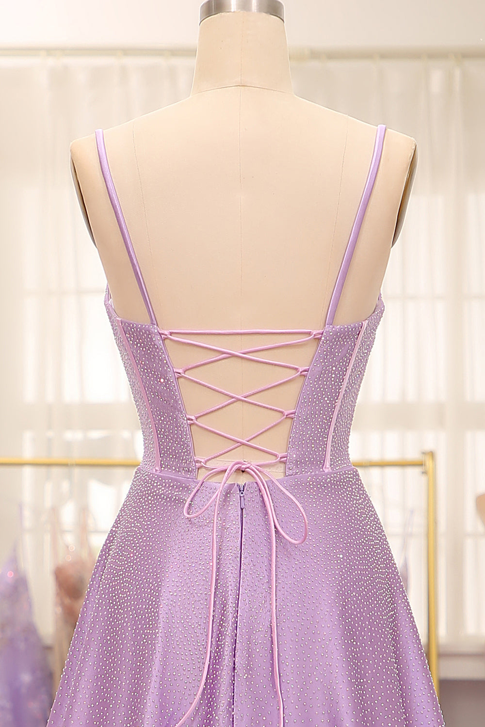 Simple Sparkly Lilac A-Line Side Slit Corset Prom Dresses With Rhinestones Beautiful