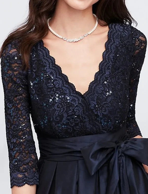 A-Line Mother of the Bride Dress Elegant V Neck Floor Length Satin Lace 3/4 Length Sleeve with Sash / Ribbon Pleats Dark Navy