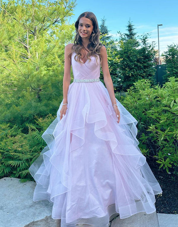 A-Line V-Neck Ruffled Tulle Prom Dress With Belt Floor Length Beautiful