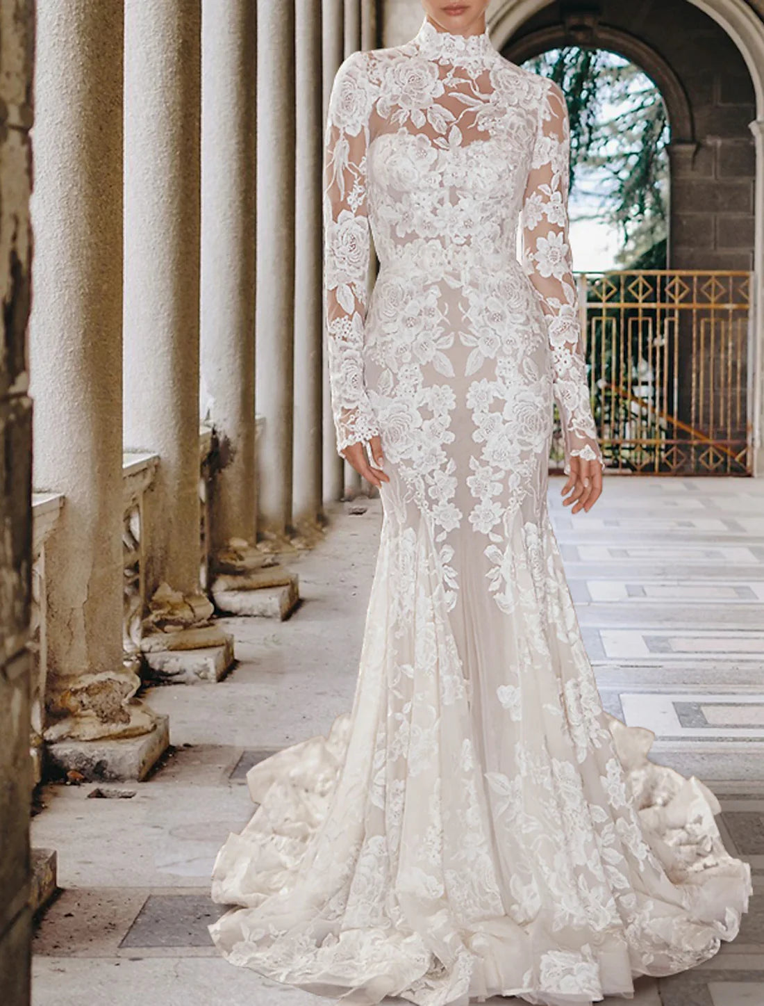 Engagement Formal Boho Wedding Dresses Mermaid / Trumpet High Neck Long Sleeve Court Train Lace Bridal Gowns With Appliques Elegant