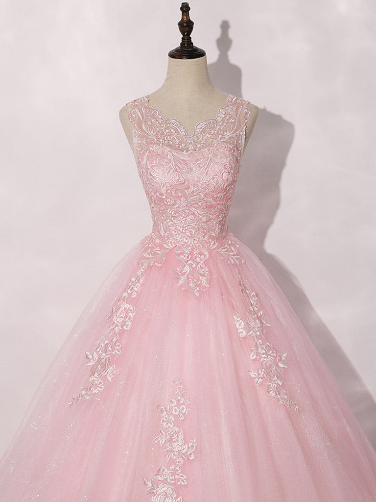 A-Line Round Neck Tulle Lace Pink Long Prom Dress Formal Dress Sleeveless with Appliques