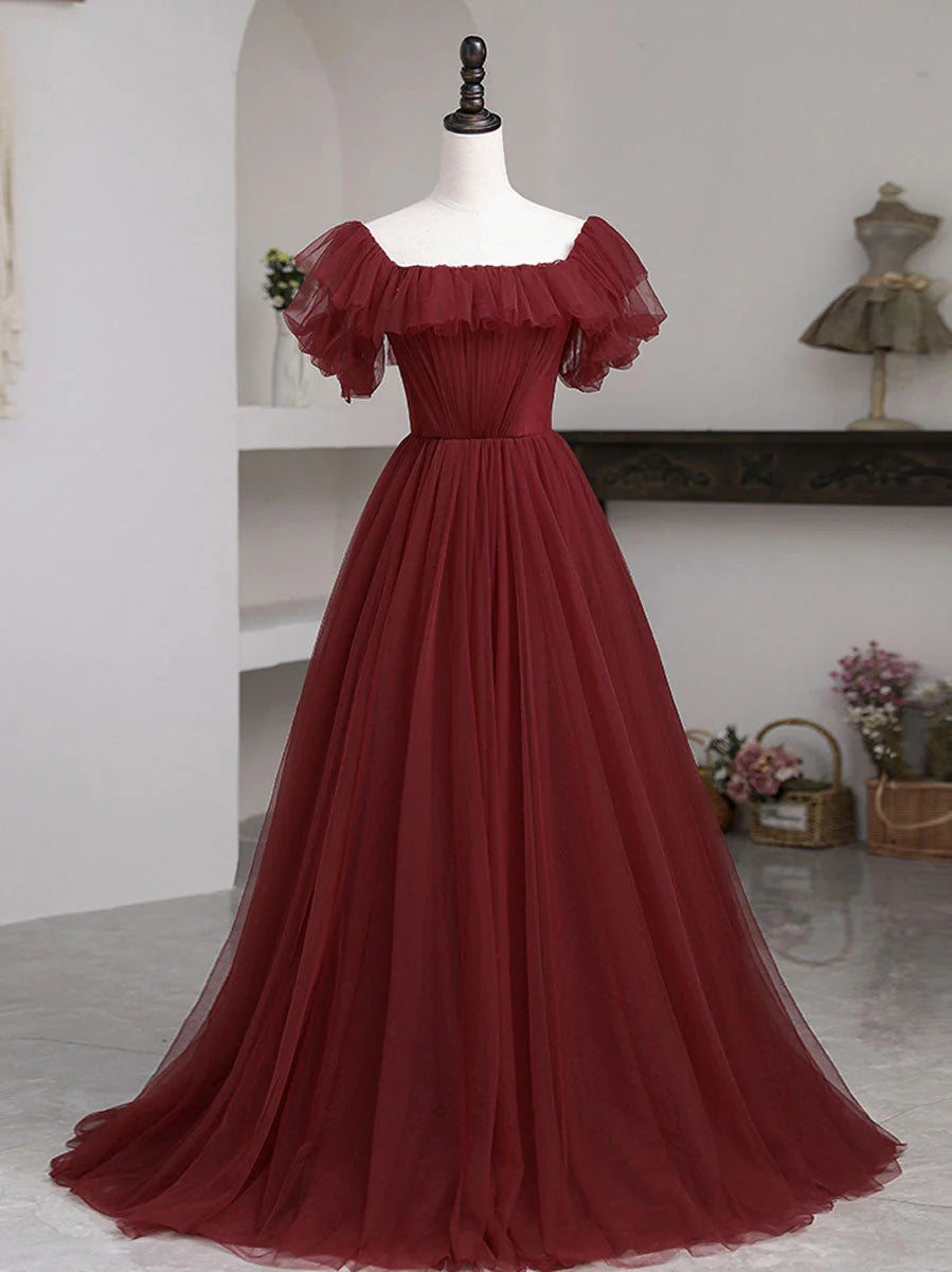 Simple A line burgundy tulle long prom dress formal dress Solid Color december wedding guest dress