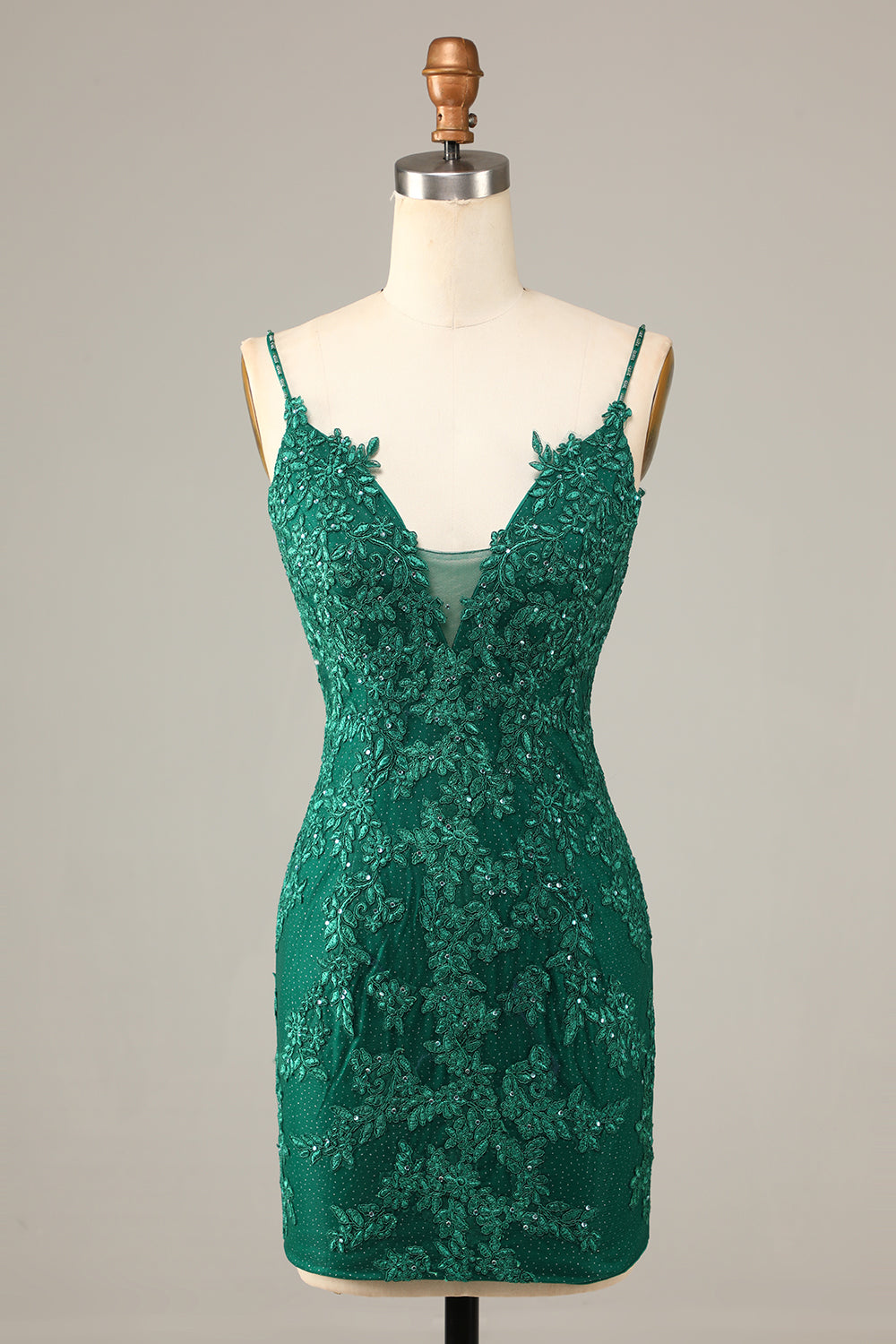 Dark Green Sheath Spaghetti Straps Beaded Short Homecoming Dress with Appliques Sexy