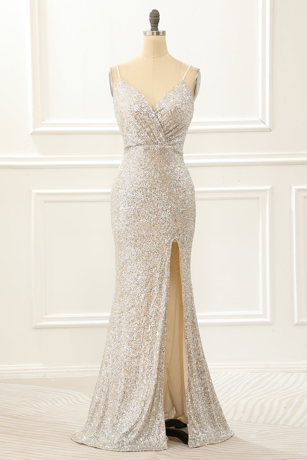 Champagne Mermaid Sequin Prom Dress With Slit V-neck Sexy Sparkly