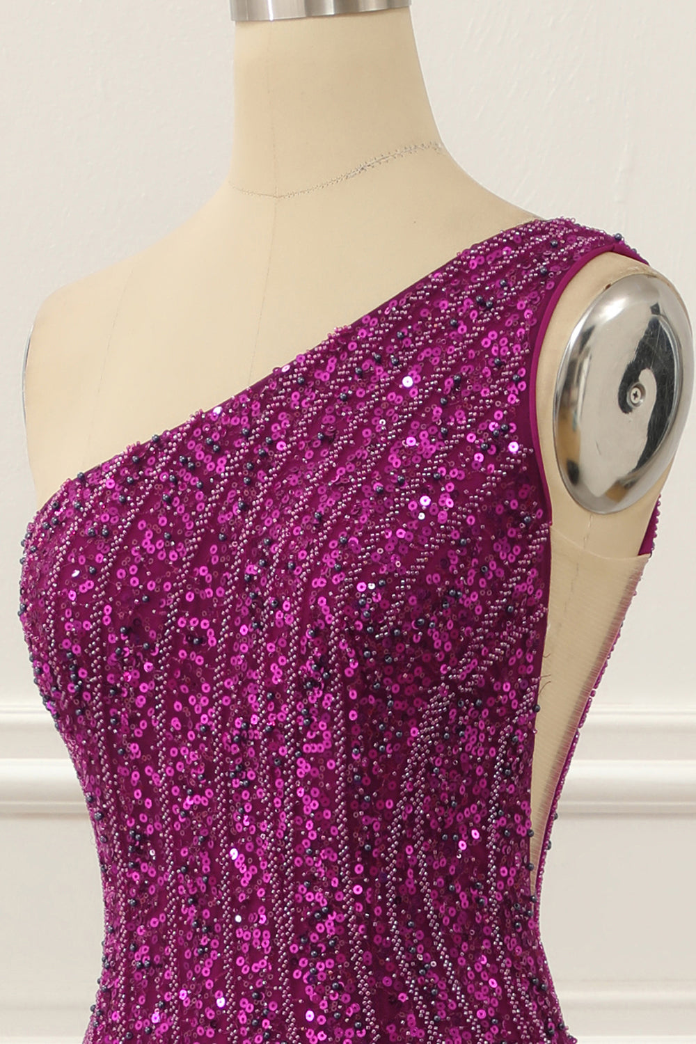 One Shoulder Purple Beaded Prom Dress With Slit Sparkly Evening Dress