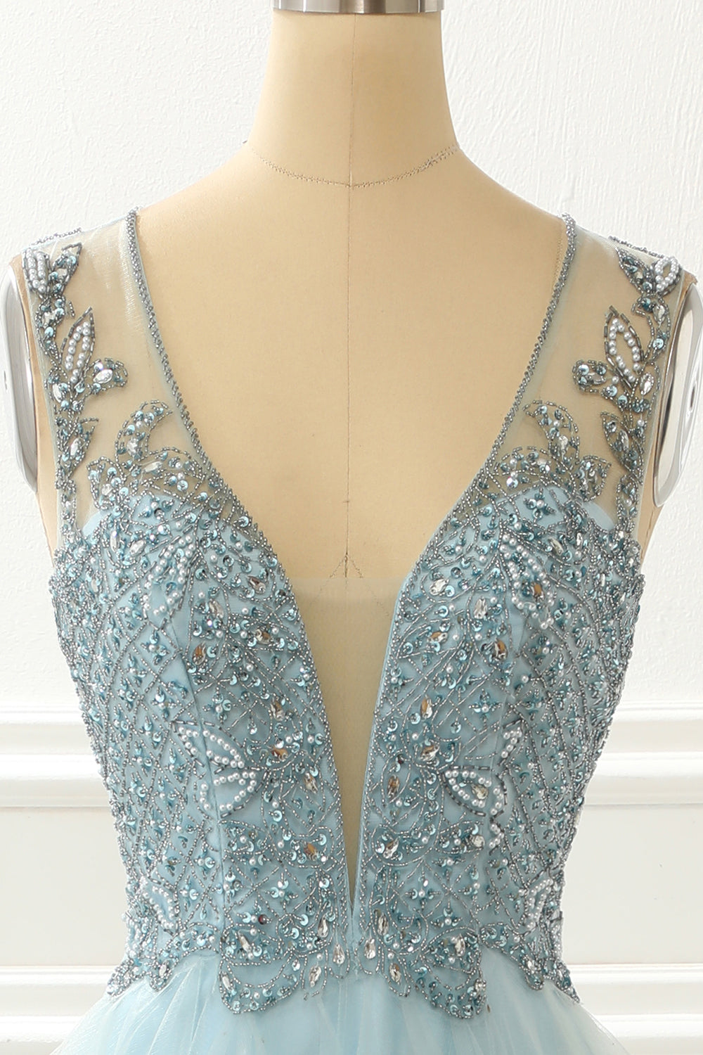 A Line Light Blue Beading Prom Dress With Appliques V-neck Beautiful