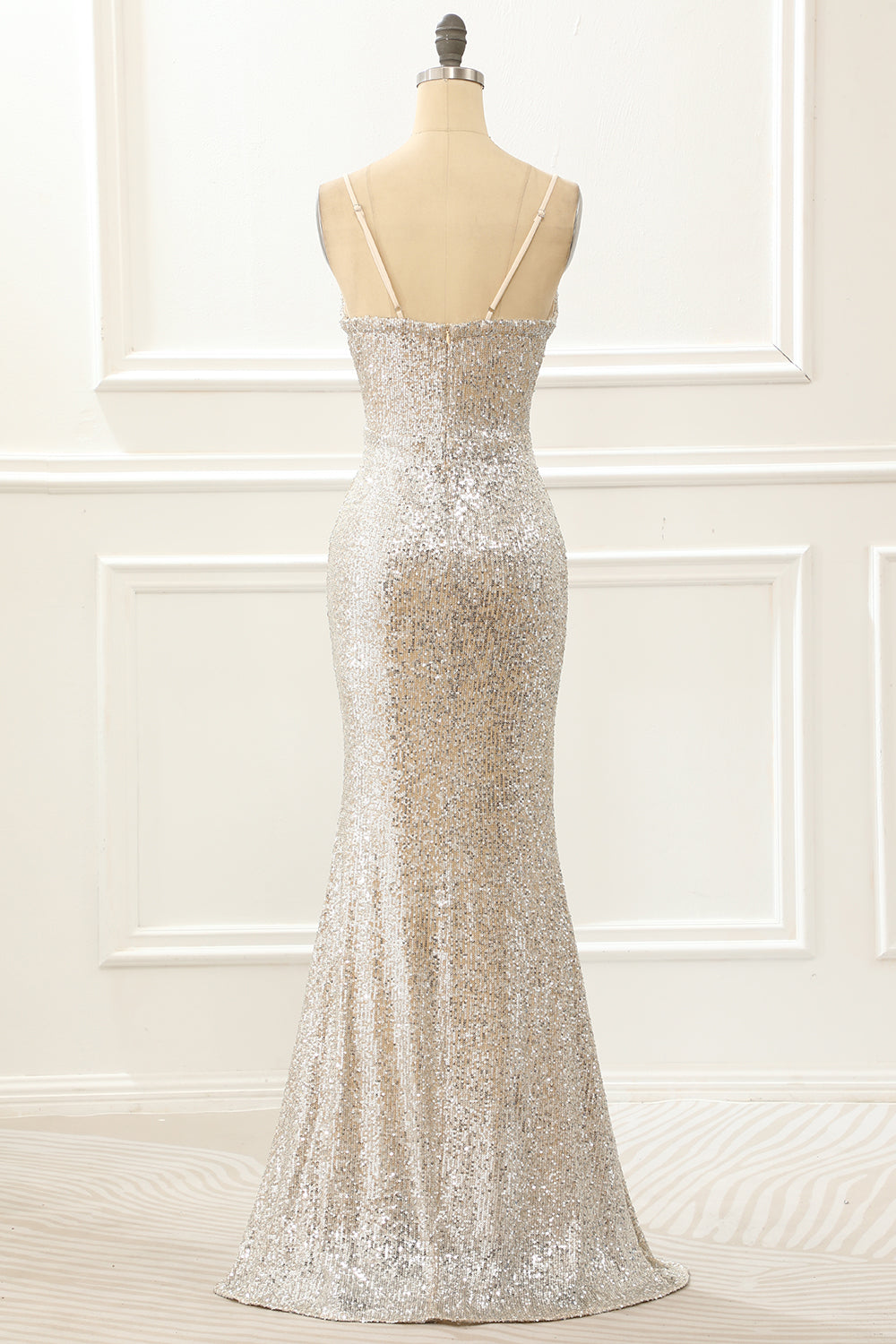 Champagne Mermaid Sequin Prom Dress With Slit V-neck Sexy Sparkly