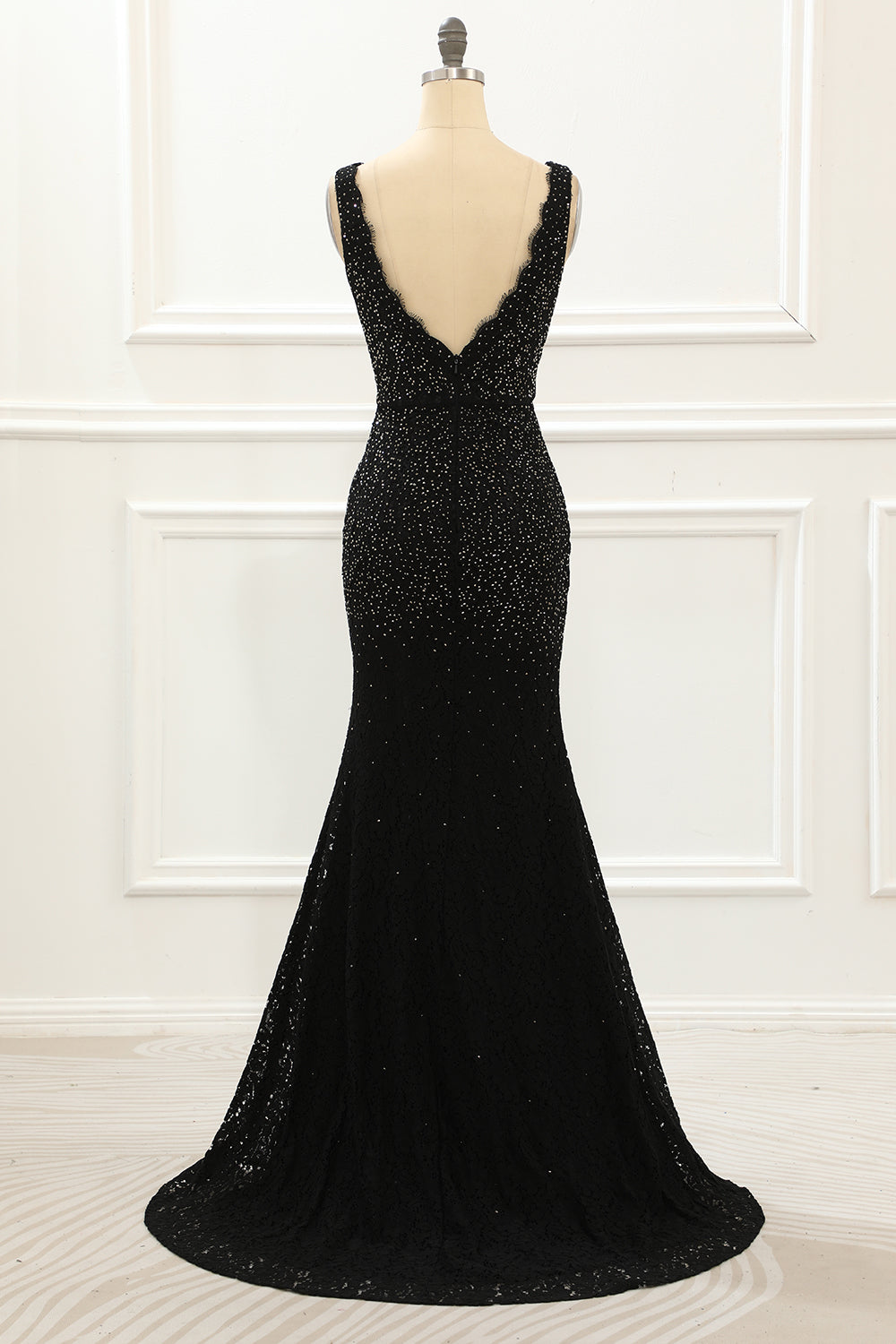 Black Deep V Neck Lace Mermaid Prom Dress With Beading Floor Length Sexy