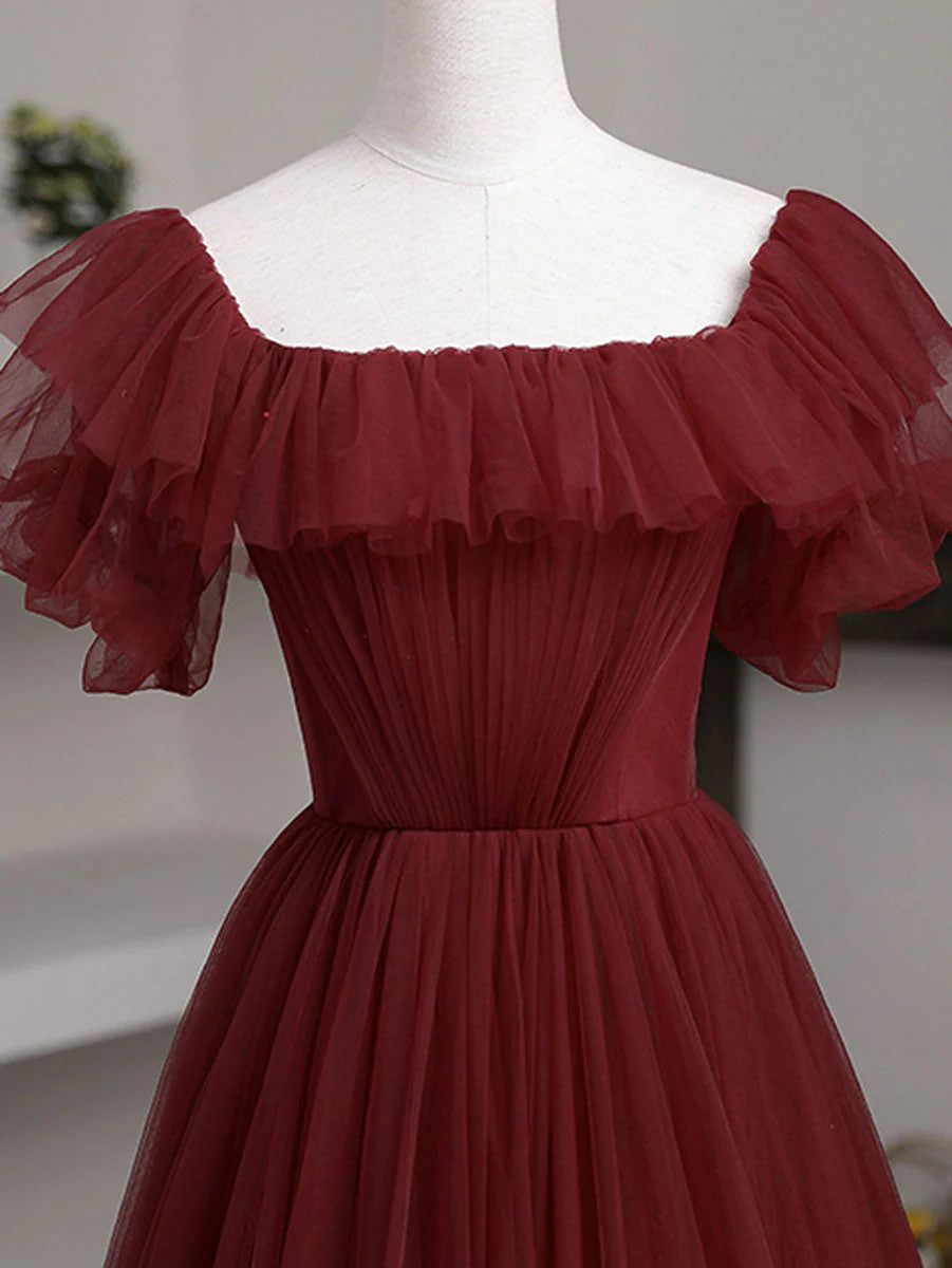 Simple A line burgundy tulle long prom dress formal dress Solid Color december wedding guest dress
