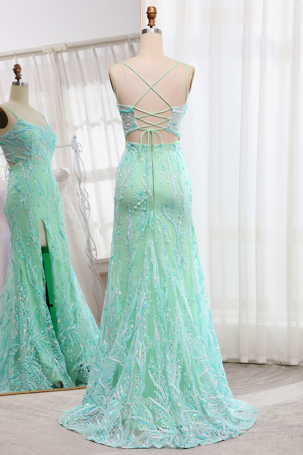 Mermaid Spaghetti Straps Lace-Up Back Sequins Long Prom Dress with Slit Charming Evening Party Dress
