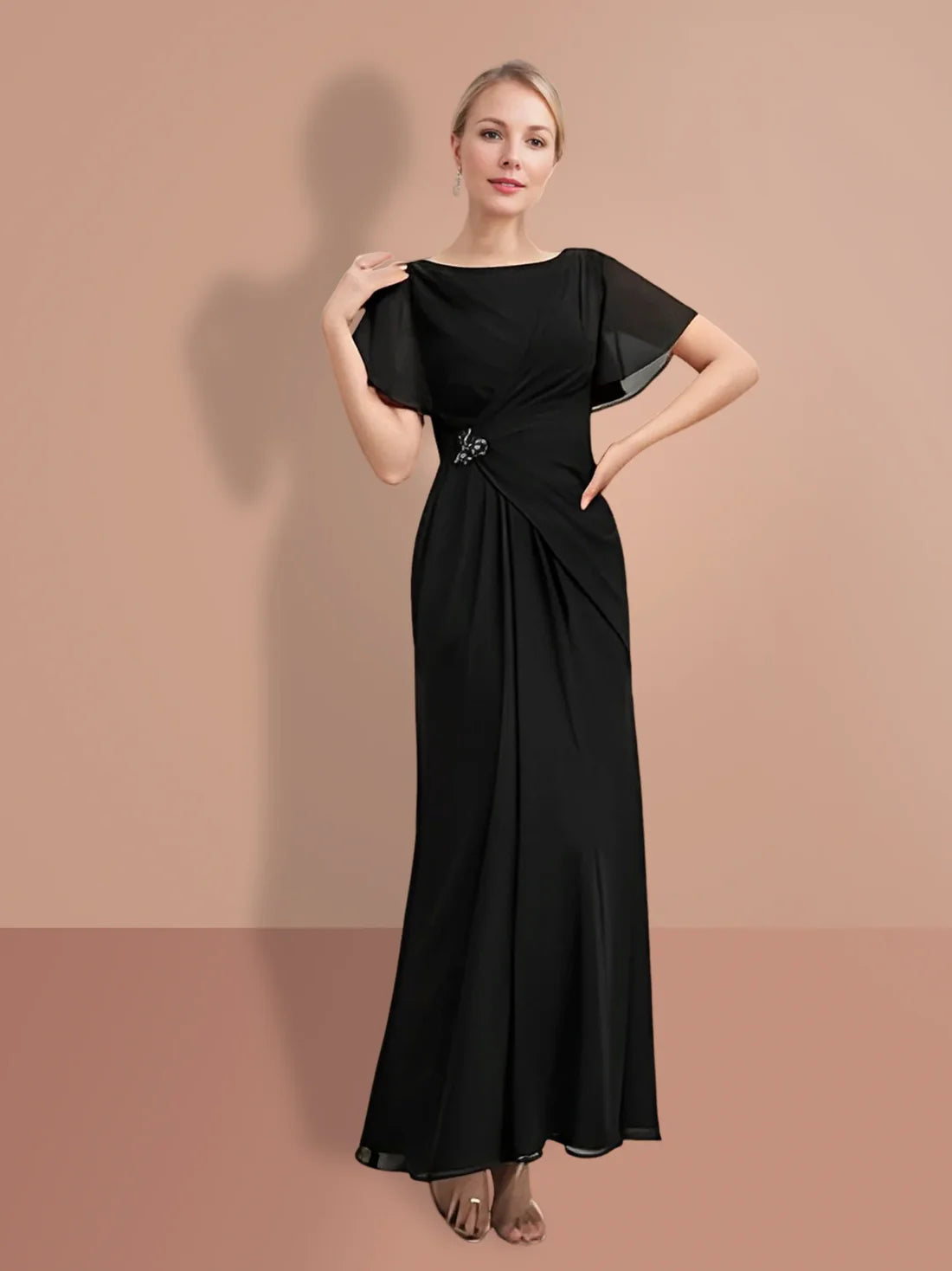Tight fitting/cylindrical and ankle short sleeved mother of the bride dresses Black Evening Dresses