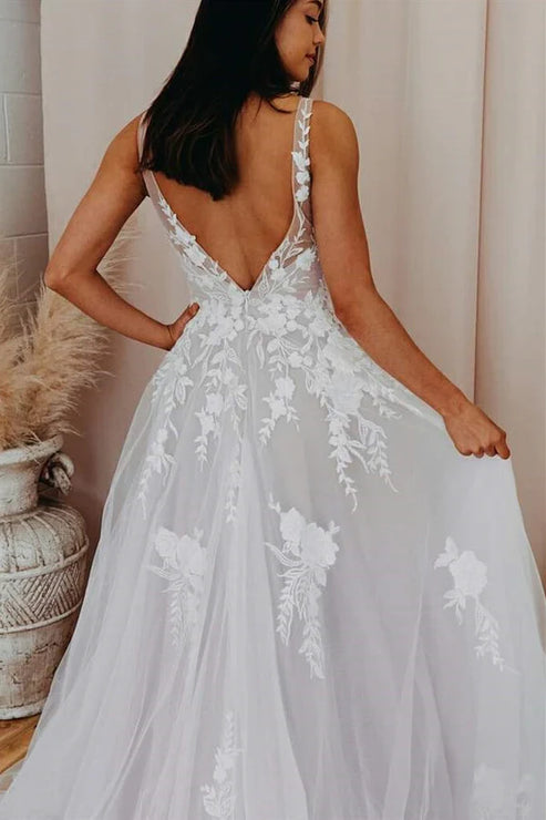 A-Line V Back Long White Wedding Dress with Lace Appliqued Open Back Beautiful
