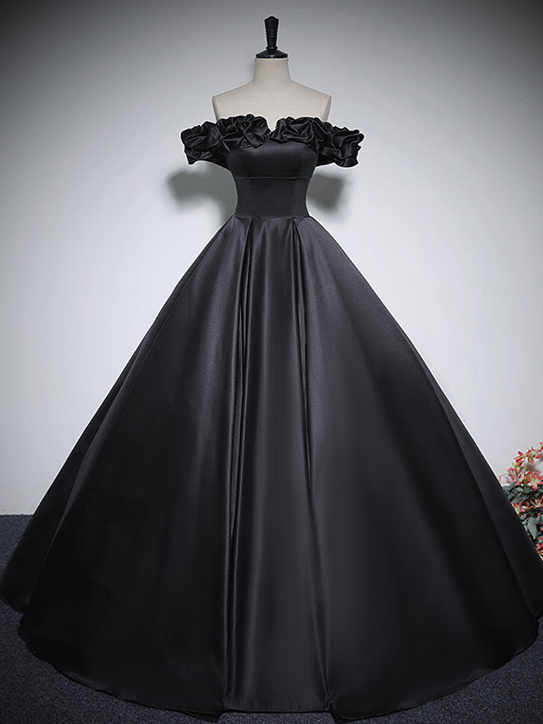 Black A-Line Off Shoulder Satin Long Prom Dress Formal Dress Elegant Evening Dress
