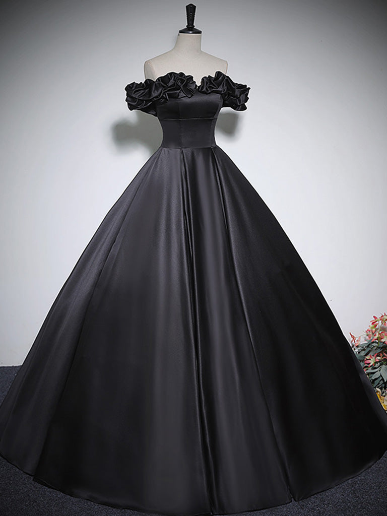 Black A-Line Off Shoulder Satin Long Prom Dress Formal Dress Elegant Evening Dress