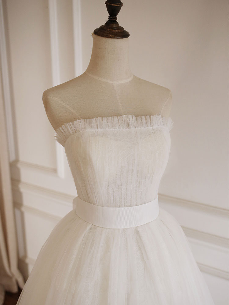 White A-Line Tulle Lace Long Prom Dress Formal Dress Off Shoulder Simple Wedding Dress