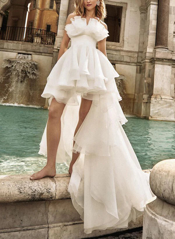 Strapless Sleeveless Sweep Train Wedding Dresses Off Shoulder Solid Color