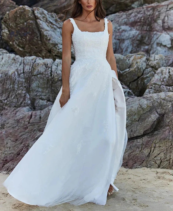 Square Neckline Sleeveless A-Line Tulle Wedding Dresses With Appliques Lace And Slit