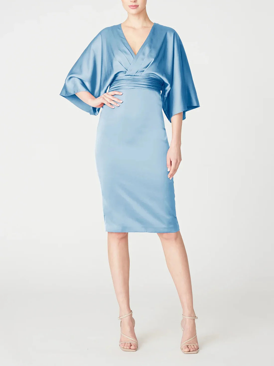 Slim fit/column V-neck mid sleeve knee length ruffled edge mother of the bride dresses Solid Color