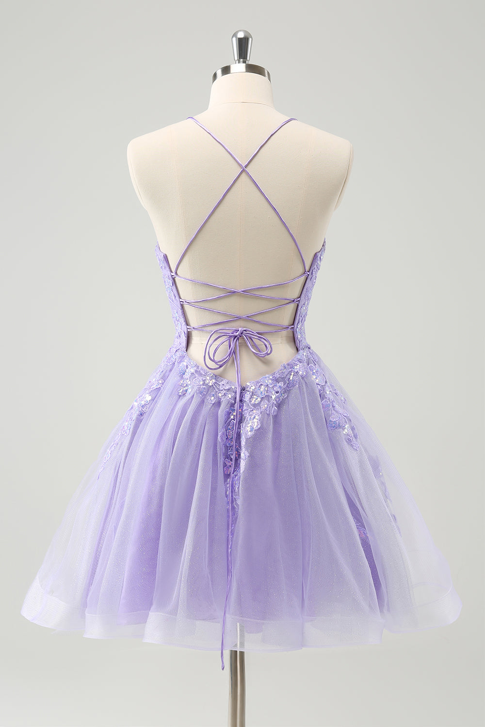 Sparkly Lilac A Line Spaghetti Straps Sequin Homecoming Dress with Lace Up Back Short Prom Dress