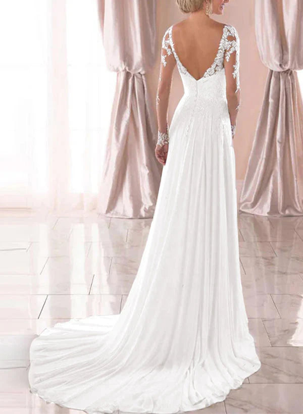 A-Line V-Neck Long Sleeves Chiffon Court Train Wedding Dress With Lace Floor Length Beautiful
