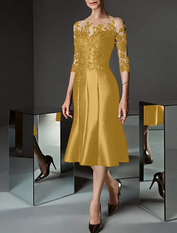 Mermaid / Trumpet Mother of the Bride Dress Wedding Guest See Through Bateau Neck Knee Length Satin Lace 3/4 Length Sleeve with Buttons Appliques Elegant