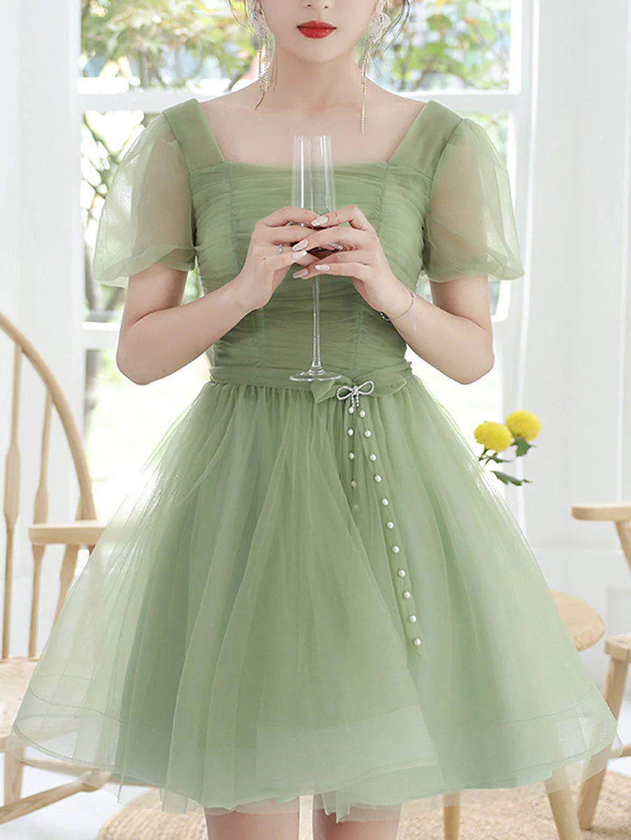 Green Tulle Short Prom Dress Homecoming Dress Short Sleeves Formal Dress Lovely Party Dress