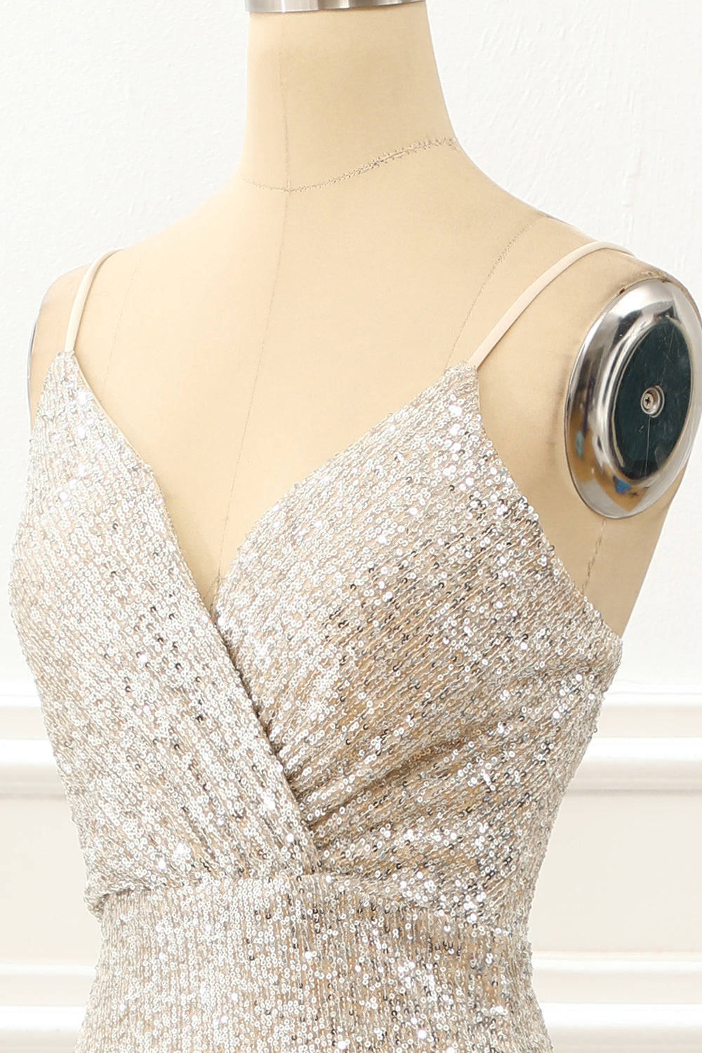 Champagne Mermaid Sequin Prom Dress With Slit V-neck Sexy Sparkly