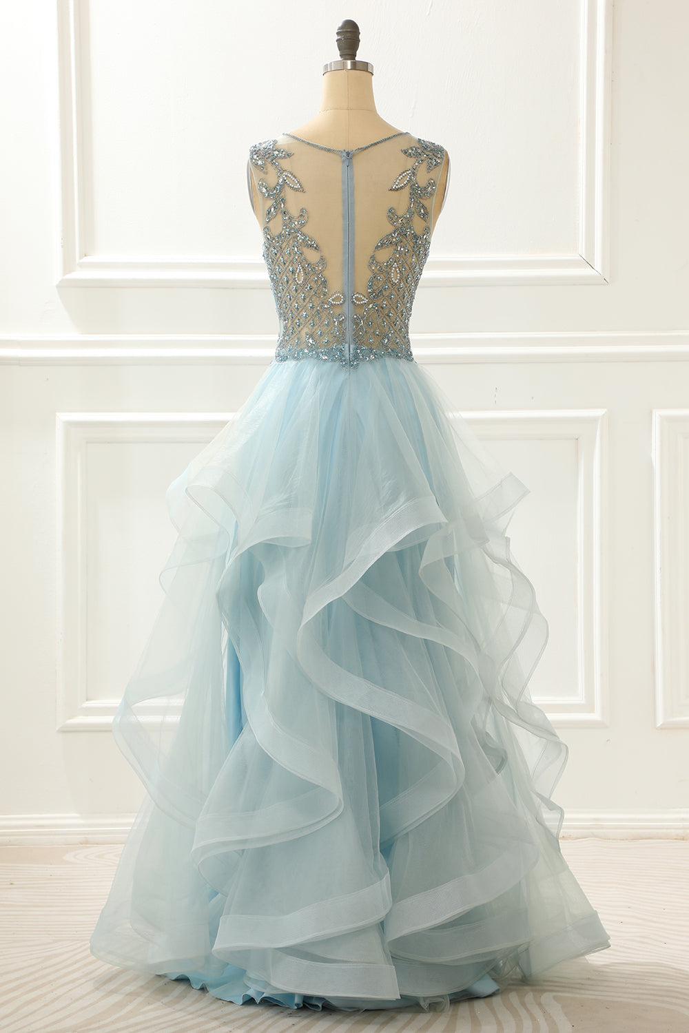 A Line Light Blue Beading Prom Dress With Appliques V-neck Beautiful