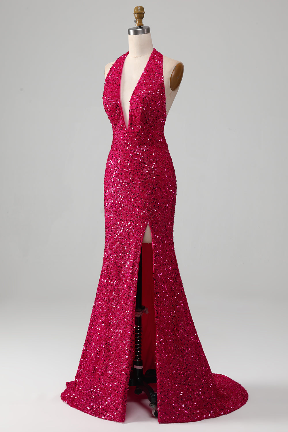 Fuchsia Mermaid Halter Sequin Prom Dress With Slit V-neck Sexy Sparkly Evening Dress