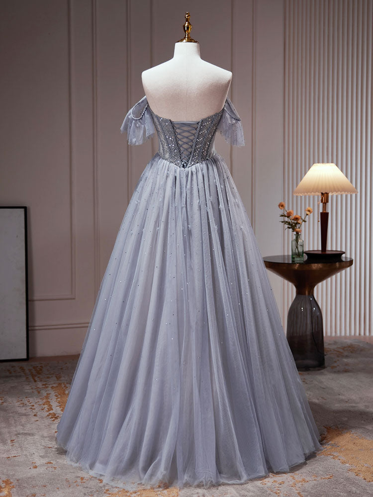 A-Line Gray Blue Tulle Sequin Beading Long Prom Dress Evening Dress Off Shoulder