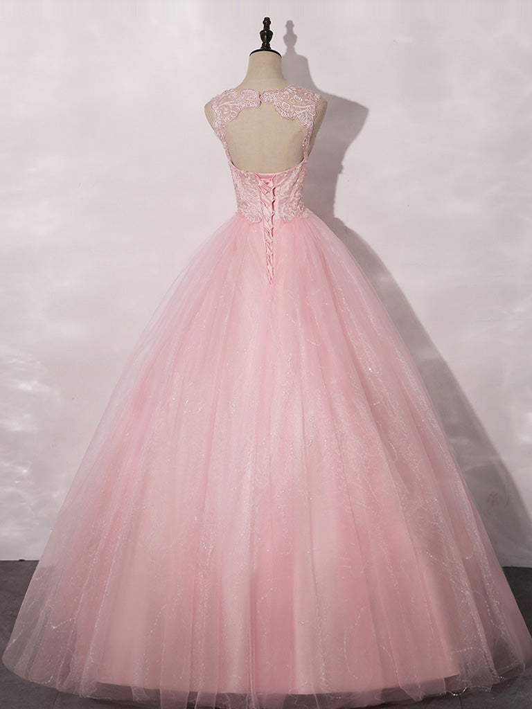 A-Line Round Neck Tulle Lace Pink Long Prom Dress Formal Dress Sleeveless with Appliques