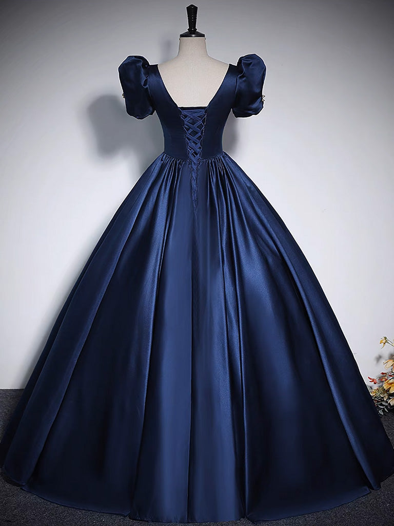 Dark Blue Satin Long Prom Dress Long Evening Dress Short Sleeves Elegant With Bow(s) december wedding guest dress