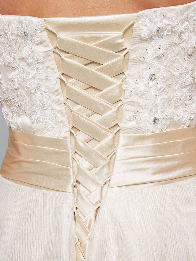 A-Line Wedding Dresses Sweetheart Neckline Asymmetrical Satin Floral Lace Strapless Simple Plus Size with Sash Ribbon Beading