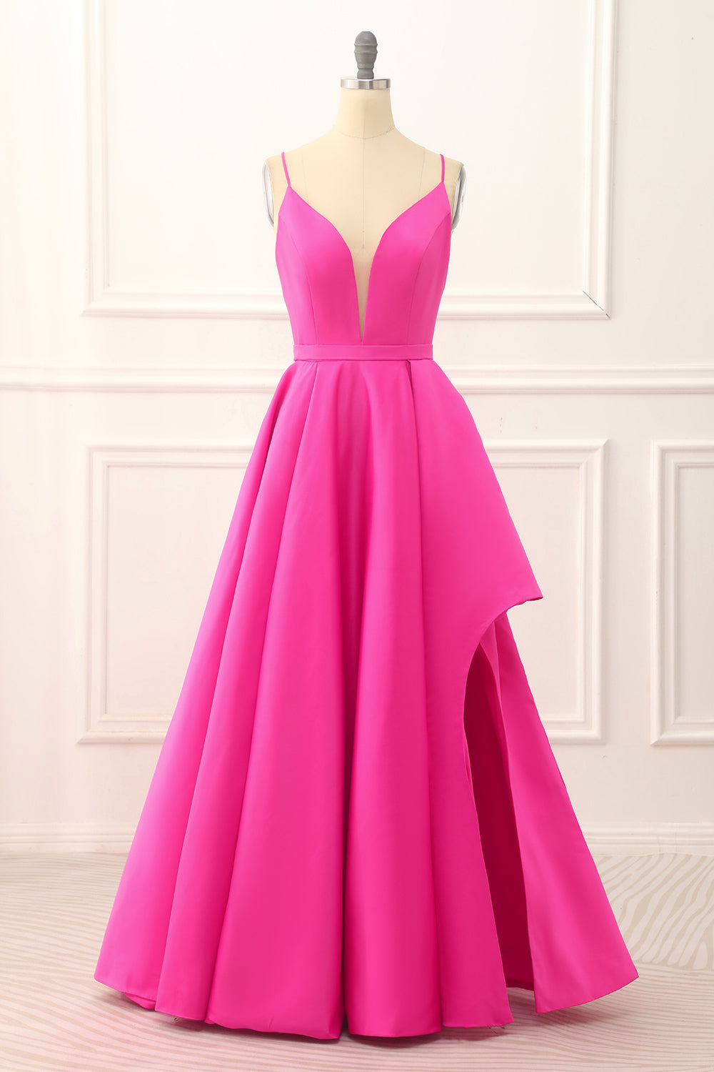Hot Pink A-Line Satin Prom Dress With Slit Floor Length Solid Color Sexy