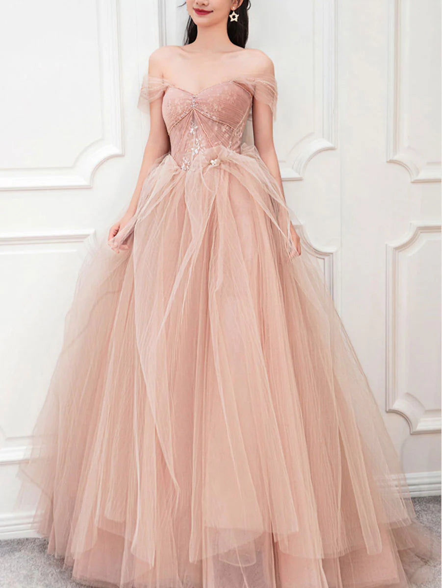 Charming A Line Tulle Long Prom Dress Evening Dress Off Shoulder December Wedding Guest Dress